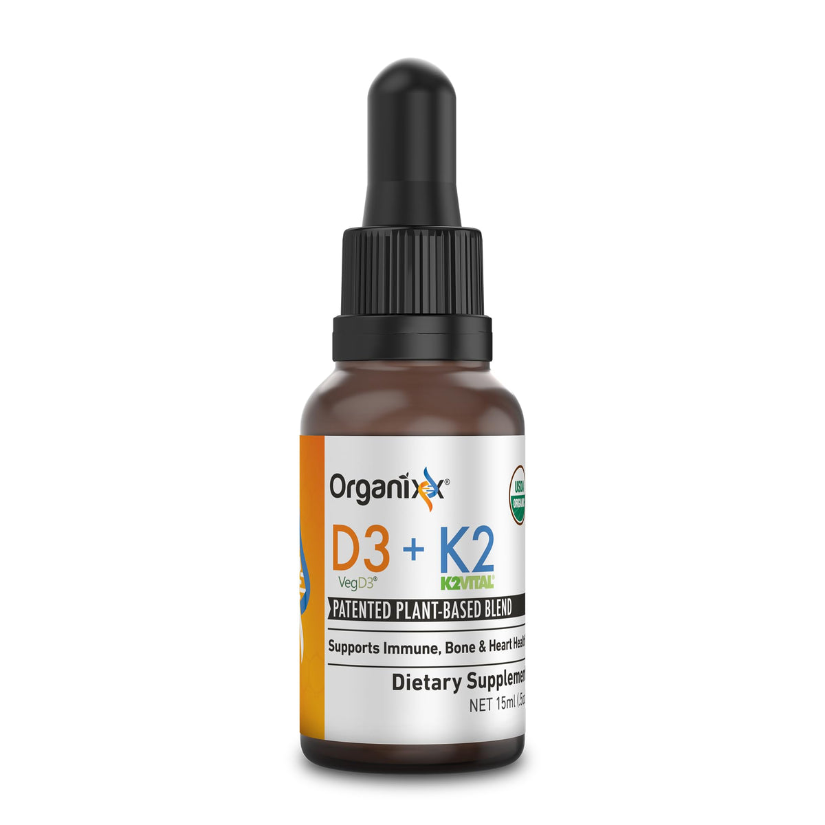 Organixx D3 K2 bottle front view signaling bone and immune support.