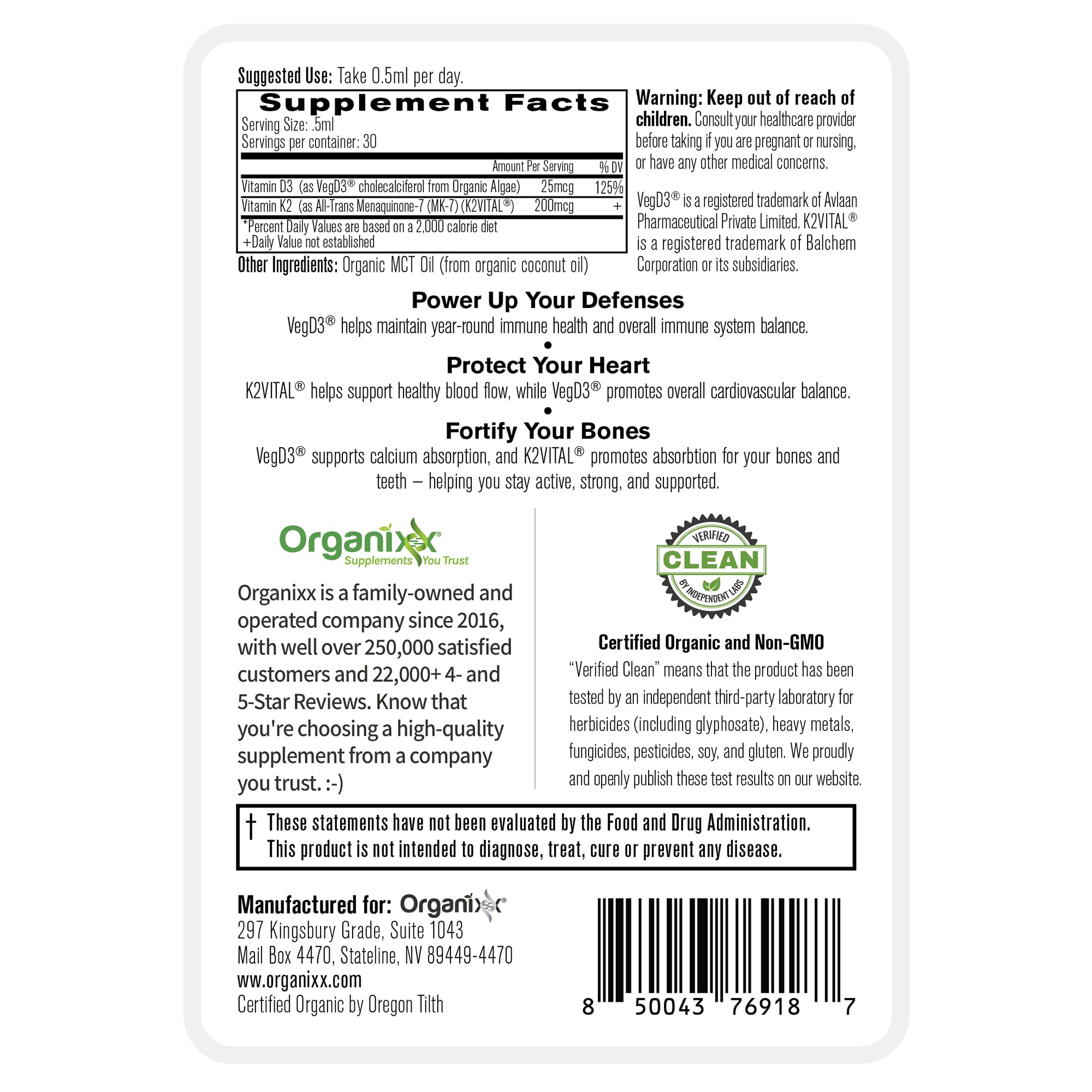 Pipette drops Organixx D3 K2 liquid for easy dosing.