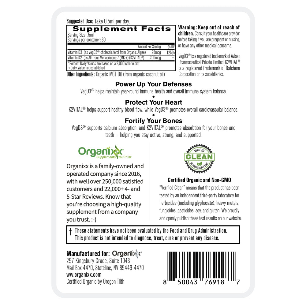 Pipette drops Organixx D3 K2 liquid for easy dosing.