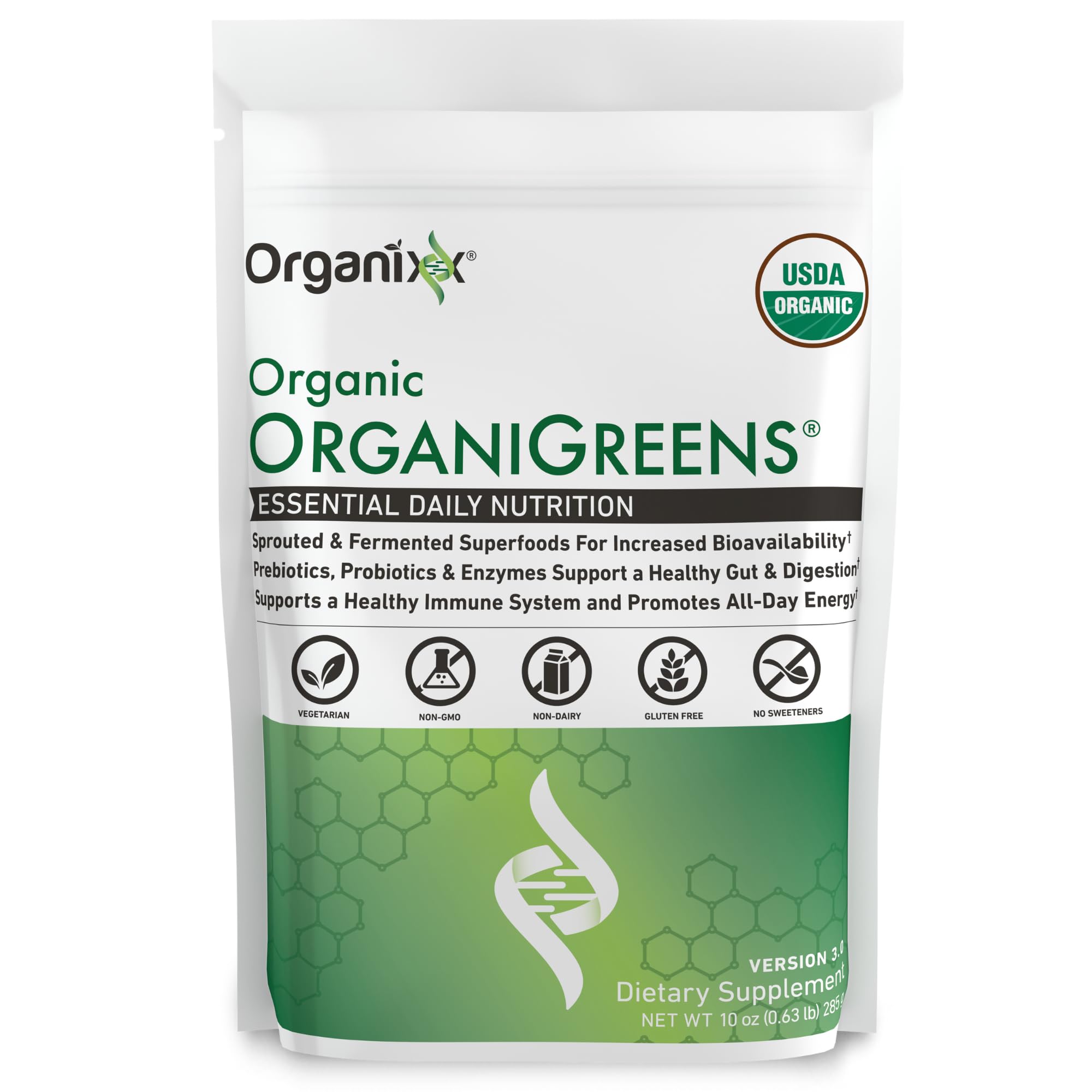 Organixx Greens powder jar highlights convenient daily nutrition.