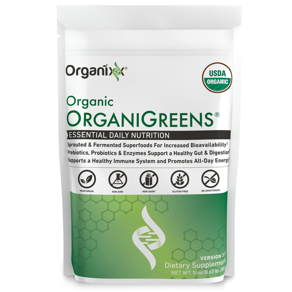 Organixx Greens powder jar highlights convenient daily nutrition.