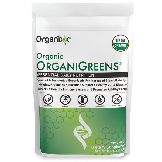 Organixx Greens powder jar highlights convenient daily nutrition.