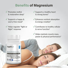 Organixx Magnesium bottle on nightstand suggesting evening use for sleep support