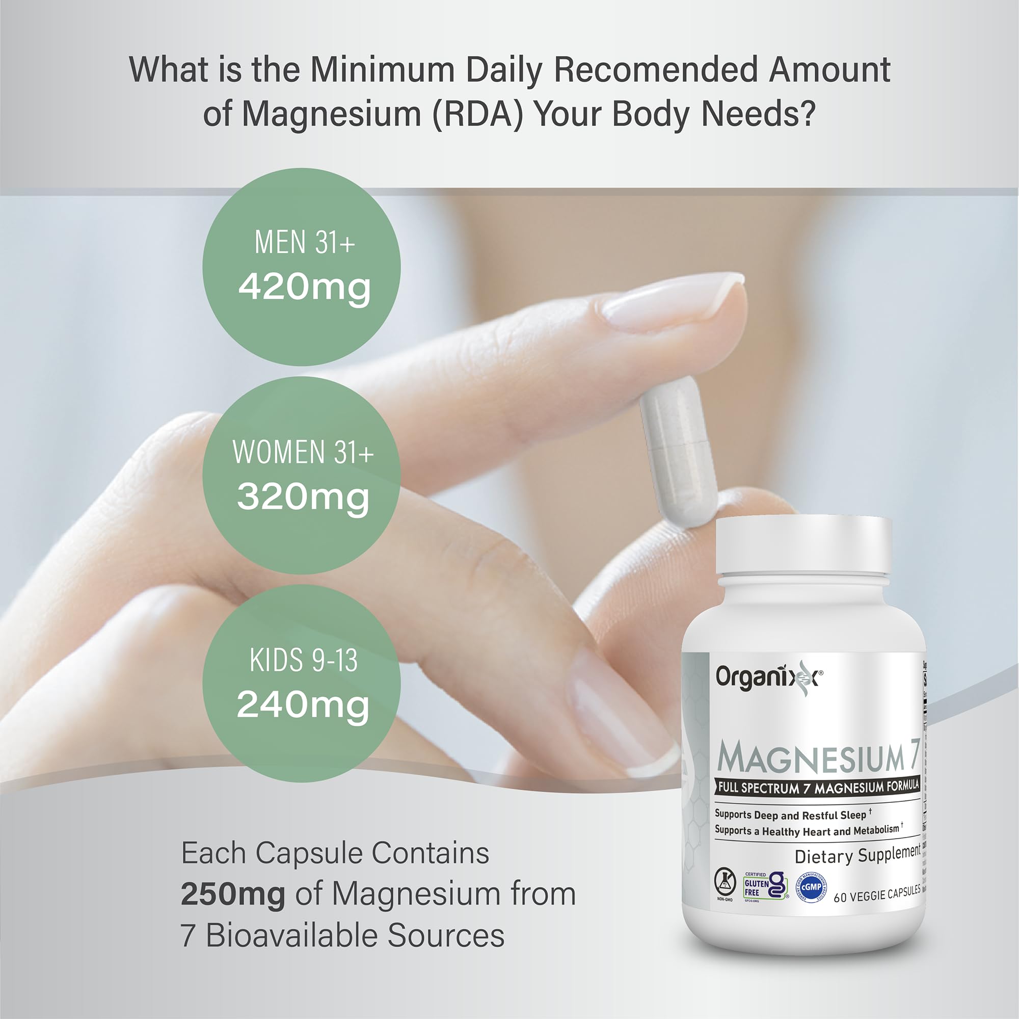Organixx Magnesium Glycinate capsules close-up emphasizing chelated form for absorption