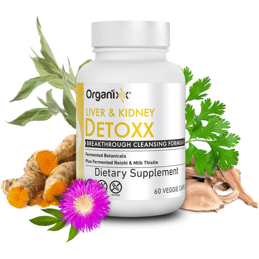 Organixx Milk Thistle Reishi capsules highlighting herbal blend for digestive comfort.