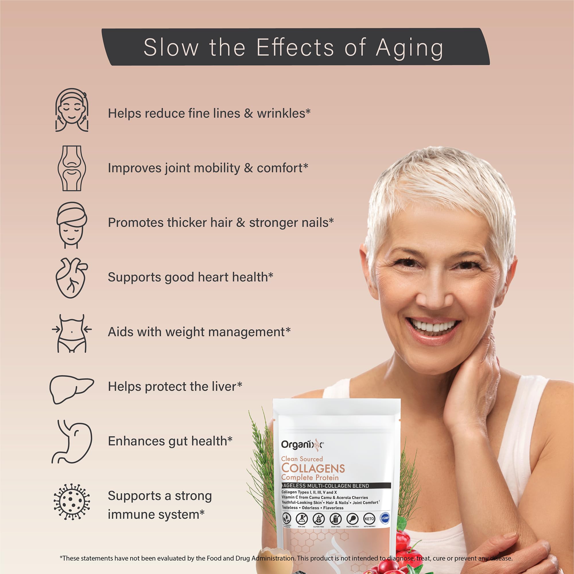 Organixx Clean Sourced Collagen packaging shows gluten-free and keto-friendly.