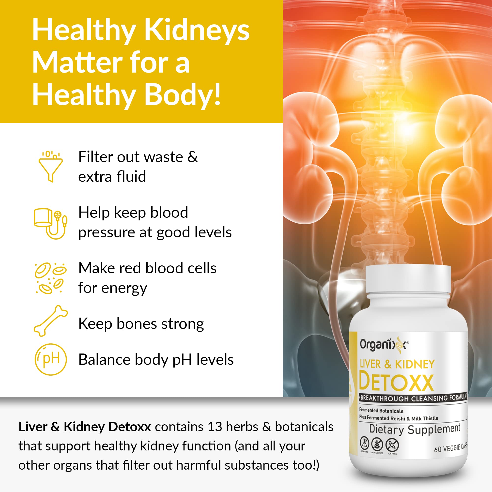 Organixx Toxin filter support image showing detox-friendly herb blend.