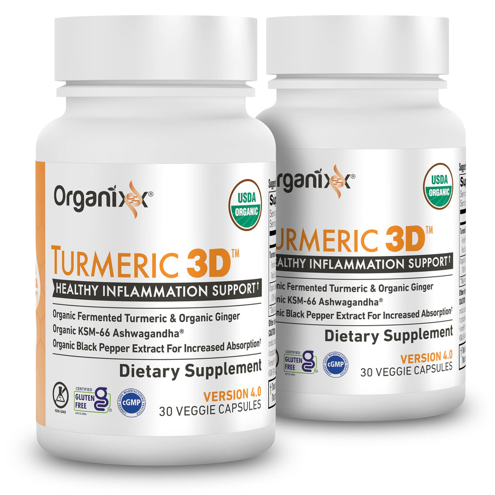 Organixx turmeric-curcumin bottle with ashwagandha and ginger promotes immune support.