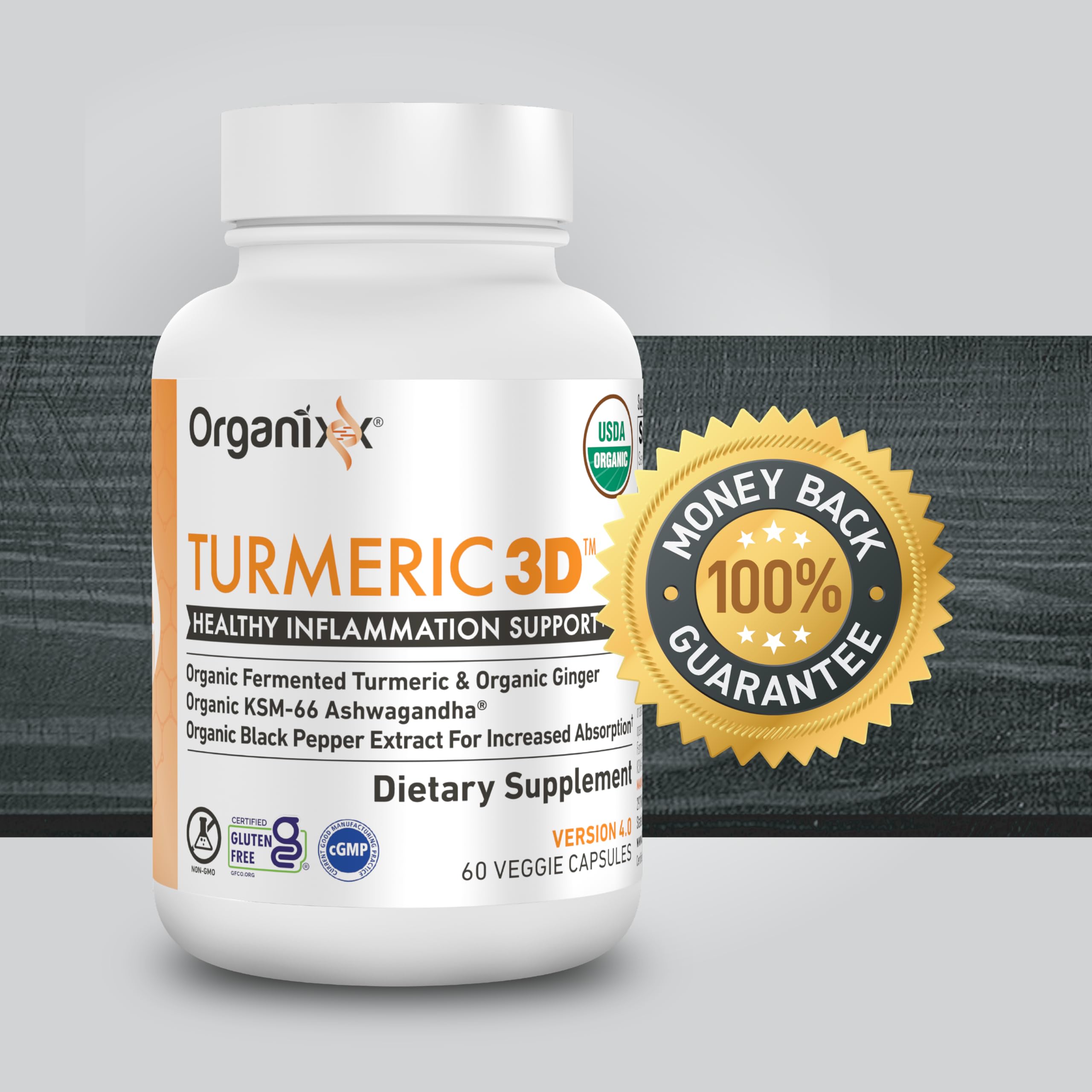 Organixx turmeric-curcumin container with golden capsules for daily wellness