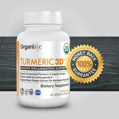 Organixx turmeric-curcumin container with golden capsules for daily wellness