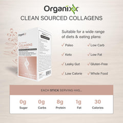 Unflavored Organixx collagen powder dissolves smoothly in a glass of water or coffee.