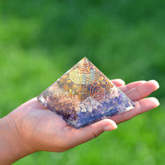 Amethyst detail on Orgonite Crystal Orgone Iron Will Pyramid showing purple facets