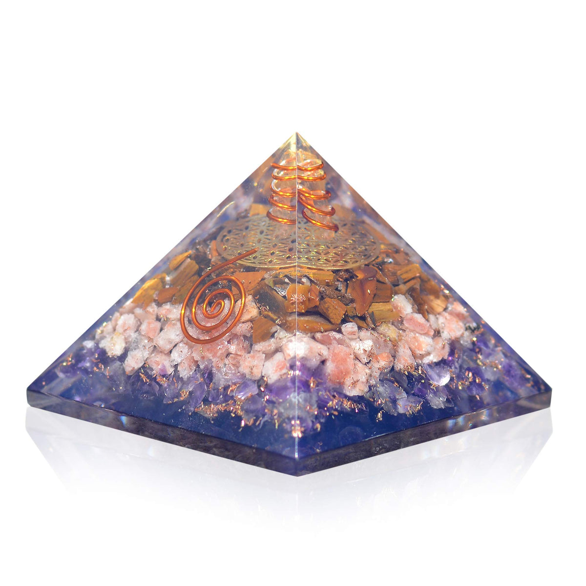 Orgonite Crystal Orgone Iron Will Pyramid front view with Tiger Eye for focused energy