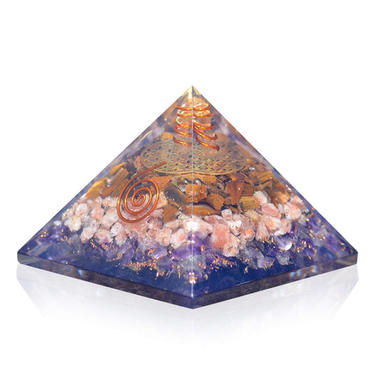 Orgonite Crystal Orgone Iron Will Pyramid front view with Tiger Eye for focused energy