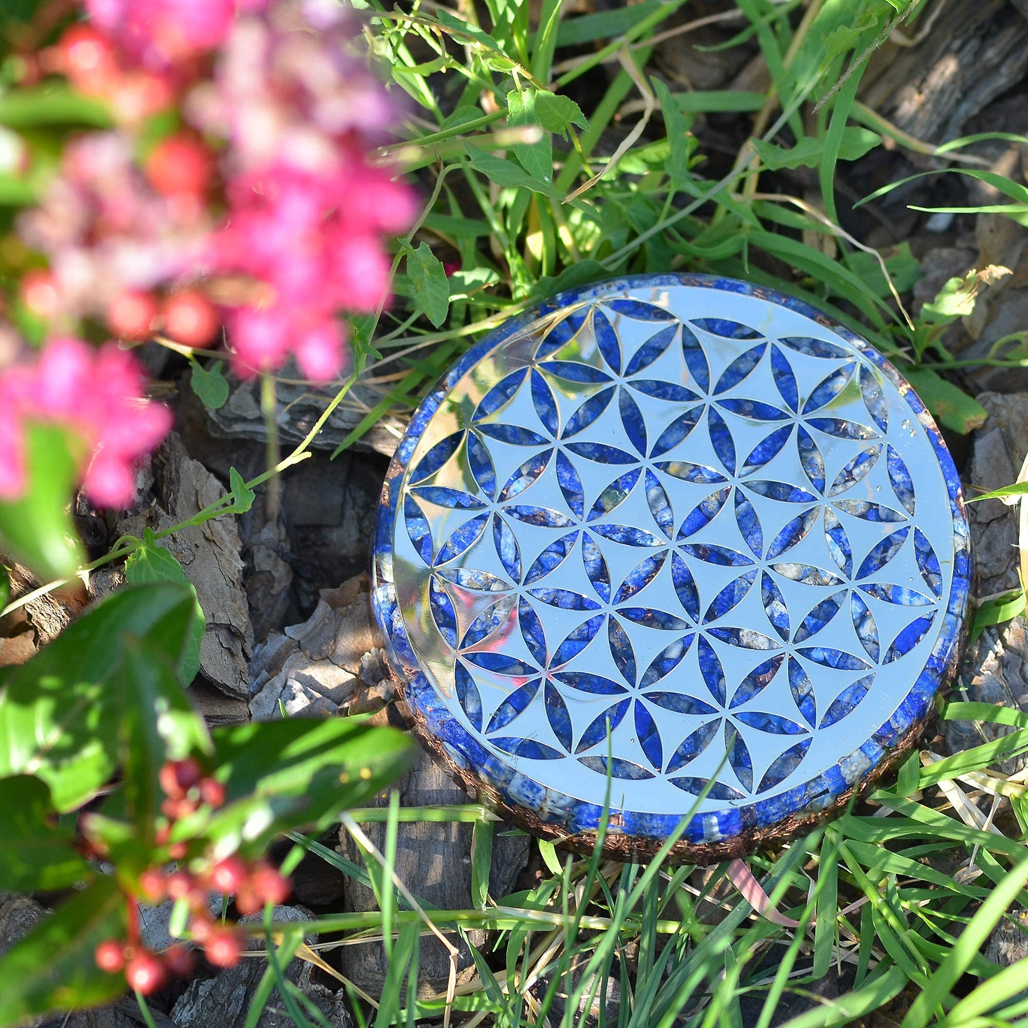 Orgonite Crystal water charging plate handcrafted in India with Flower of Life motif.