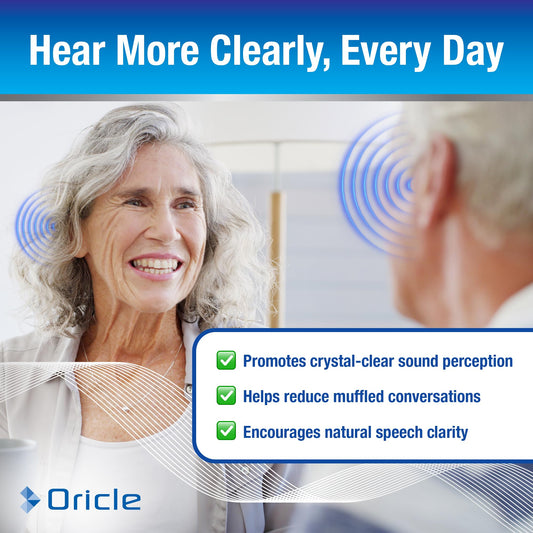 Oricle Targeted Hearing Support bottle pour showing easy daily dosing.
