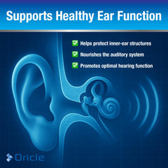 Oricle Targeted Hearing Support capsules close-up highlighting vegan formula.