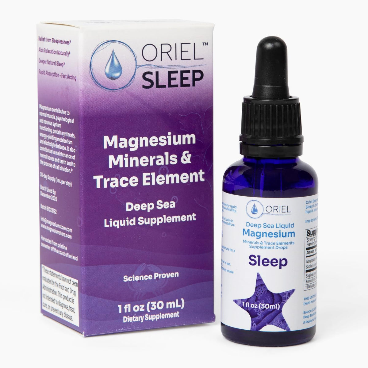 Oriel Liquid Magnesium Drops bottle on a nightstand ready for sleep support.