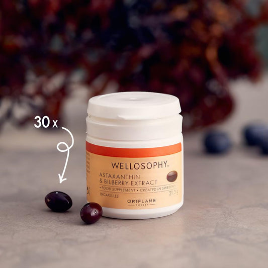 Oriflame Wellness Astaxanthin & Bilberry Extract label close-up emphasizing bilberry anthocyanins for antioxidant benefits