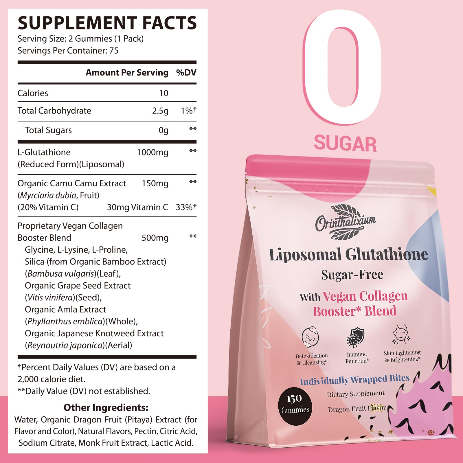 Orinthalixium bottle closeup highlights 1000mg per serving of glutathione gummies.