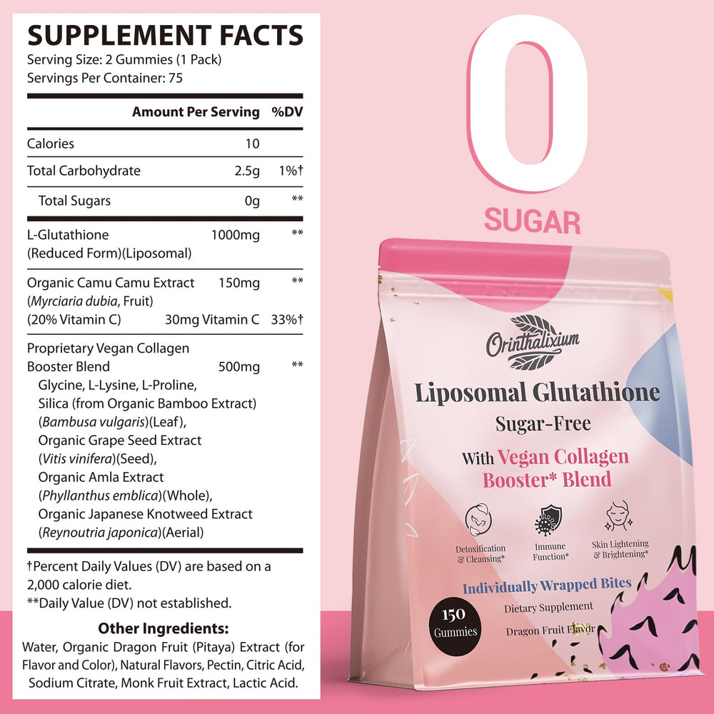 Orinthalixium bottle closeup highlights 1000mg per serving of glutathione gummies.