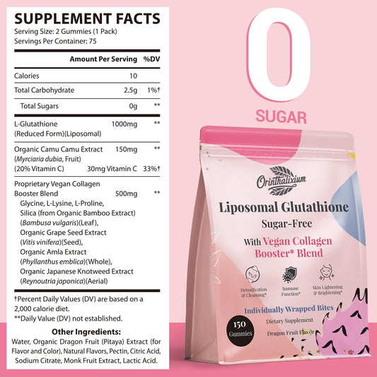 Orinthalixium bottle closeup highlights 1000mg per serving of glutathione gummies.