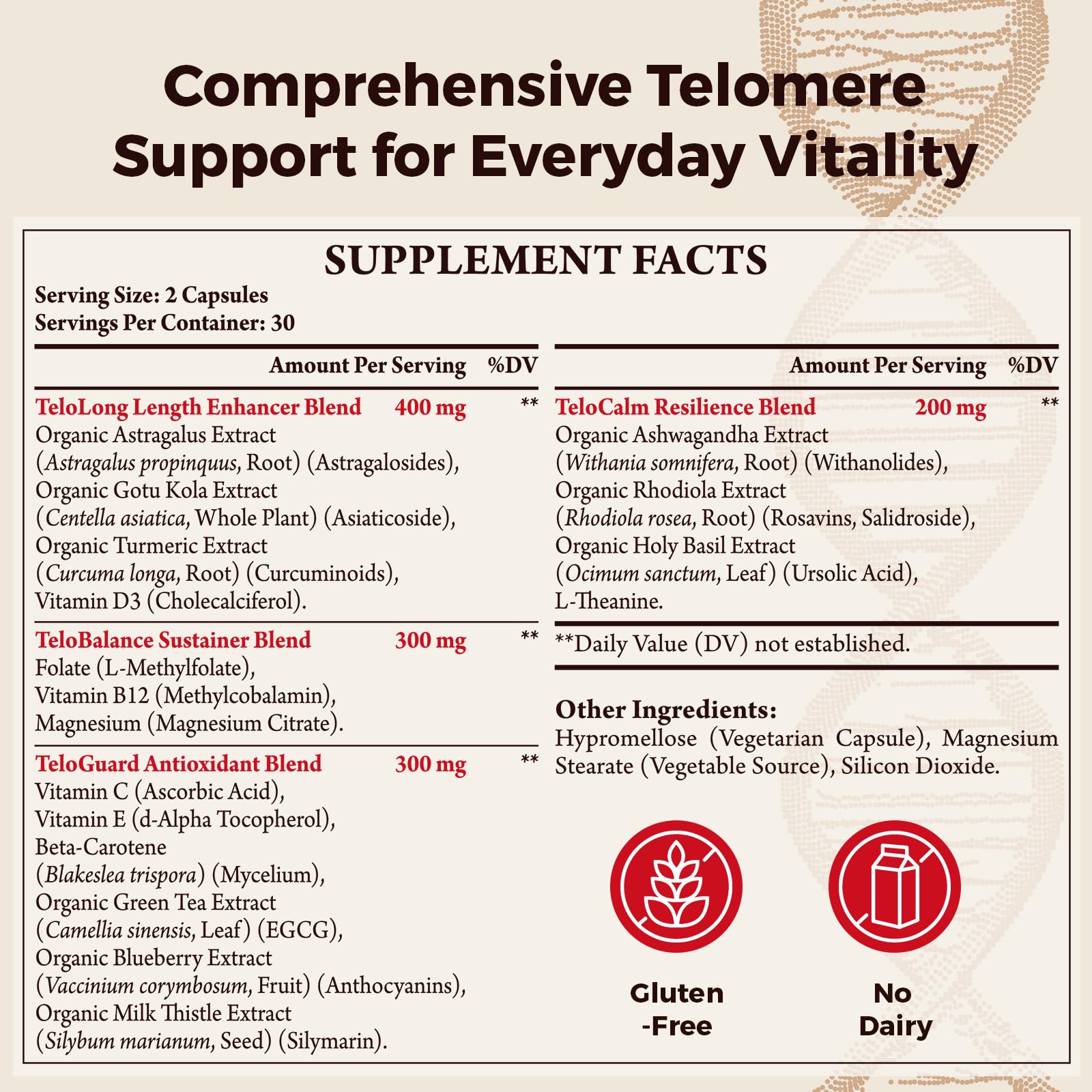 Orinthalixium TelomeMaxtelomere with organic astragalus for telomere support.