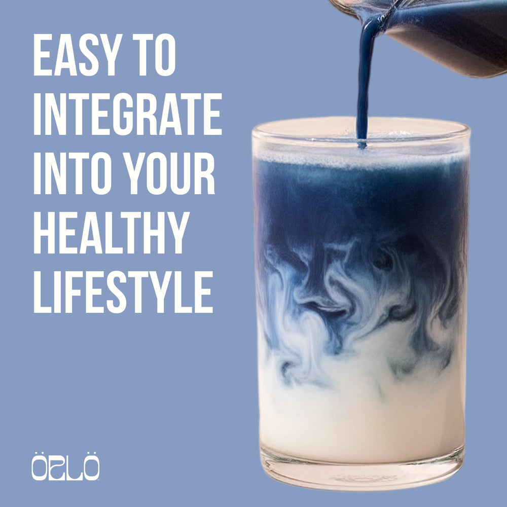 Orlo Blue Essence bottle view showcasing compact 50 ml vegan superfood