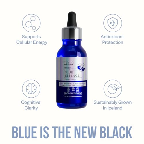 Orlo Blue Essence liquid spirulina in a clear bottle highlighting liquid form