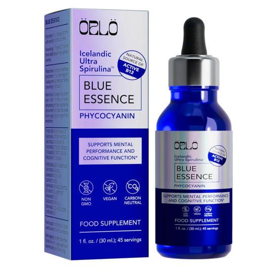 Orlo Blue Essence phycocyanin pigment visible, antioxidant-rich blue hue for smoothies