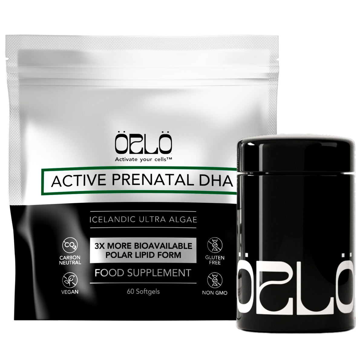 Orlo Prenatal DHA softgels close-up, easy swallow design for daily pregnancy support.