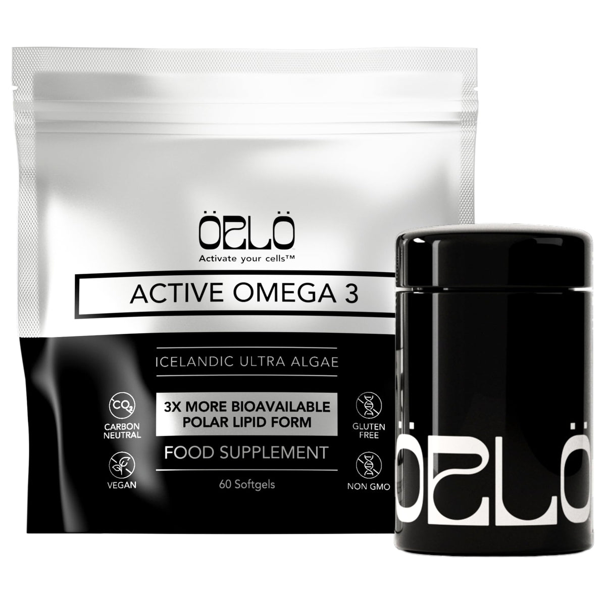 Orlo vegan omega3 algae oil bottle with a clear label for easy, no-fish-aftertaste daily use.