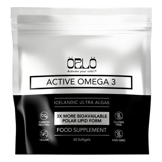 Orlo vegan omega-3 algae oil bottle with 60 softgels for daily use