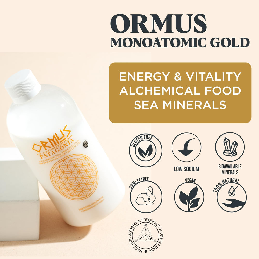 ORMUS PATAGONIA ARGENTINA label close-up showing premium monoatomic gold.