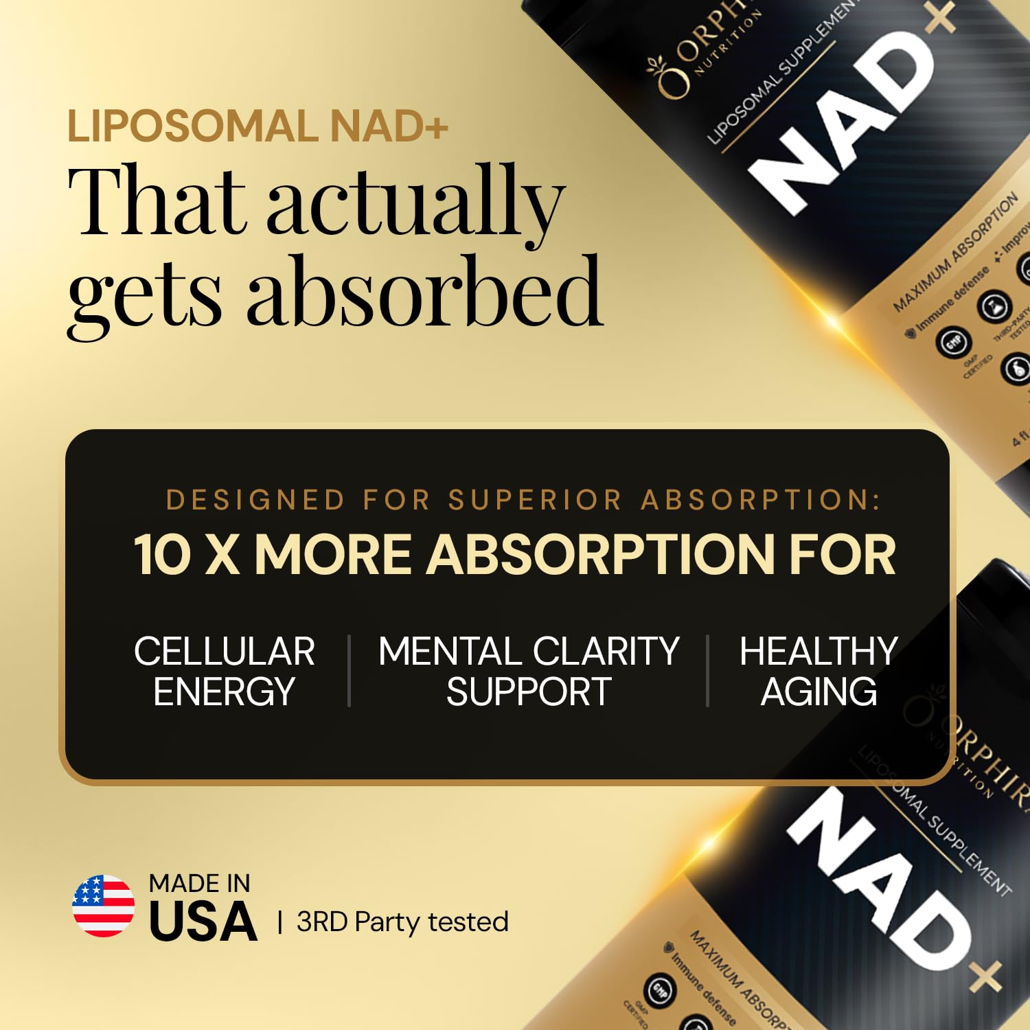 Orphira NAD+ liquid dropper dispensing for precise dosing.