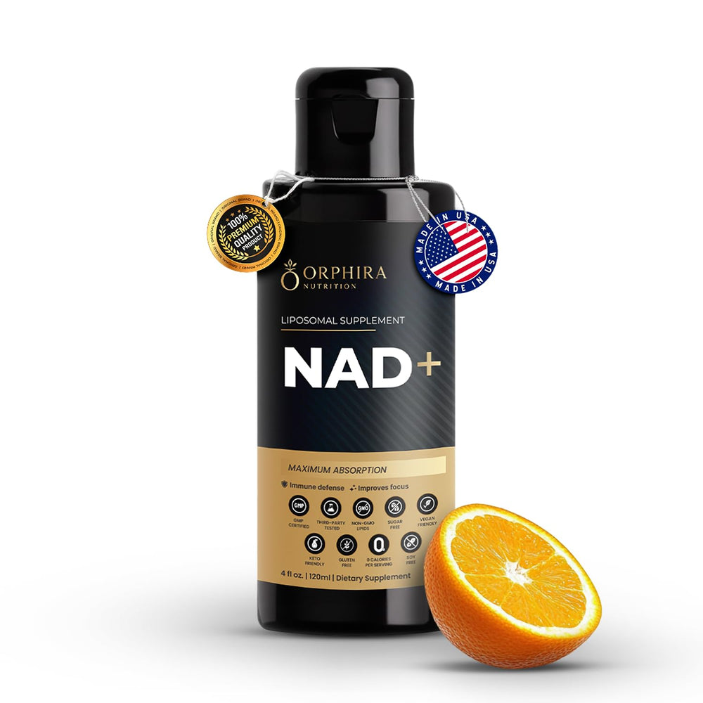 Orphira NAD+ liposomal bottle for fast absorption and daily energy support.