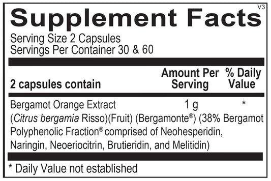Ortho Bergamot BPF label detail showing polyphenol blend for cholesterol balance.