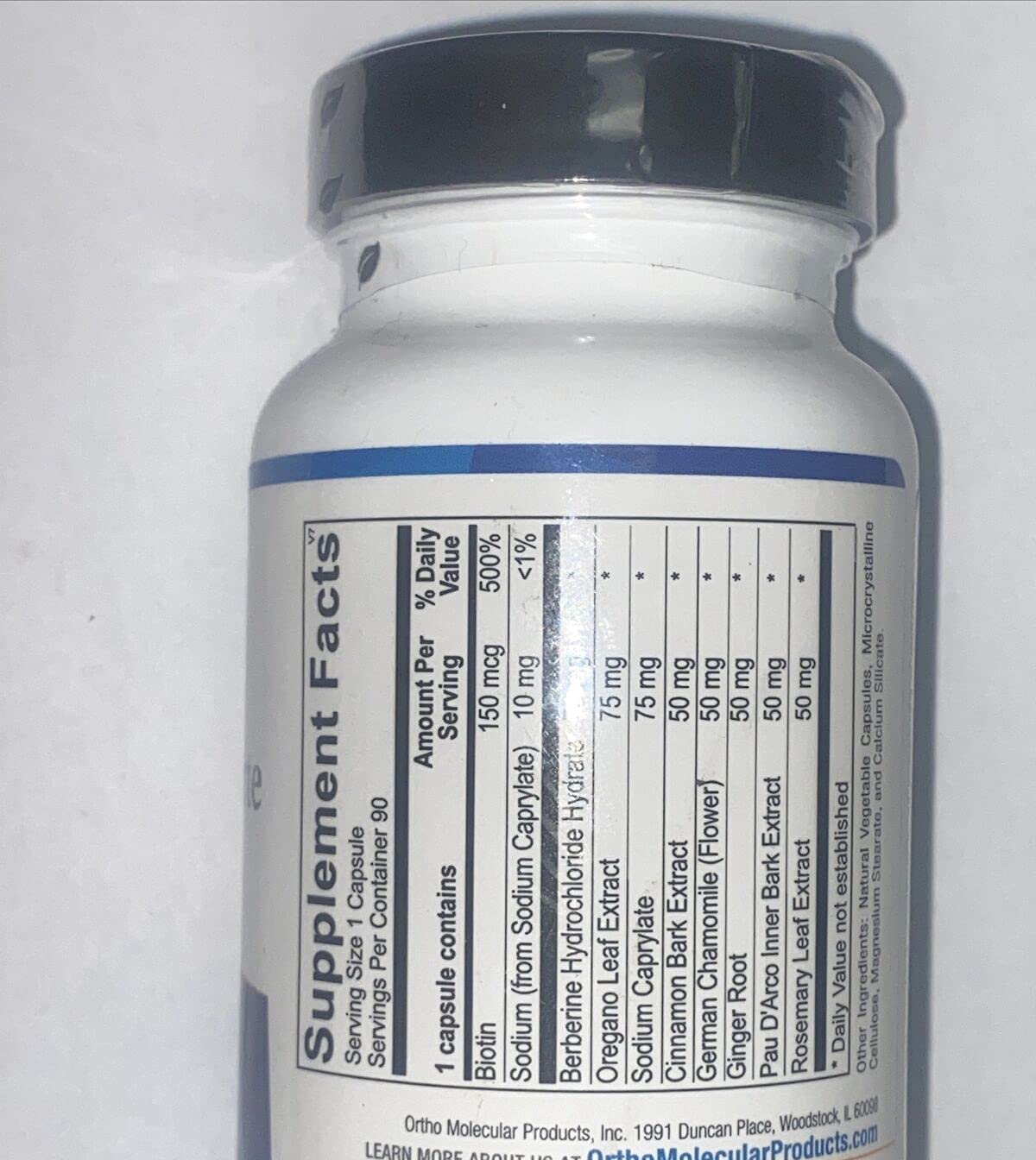 Ortho Molecular 5A Candicid Forte label close-up emphasizing botanical extracts