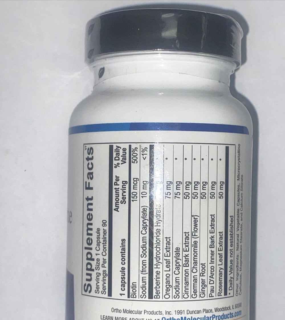 Ortho Molecular 5A Candicid Forte label close-up emphasizing botanical extracts