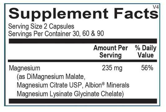 Ortho Molecular Reacted Magnesium capsules on label, convenient daily use for overall wellness.