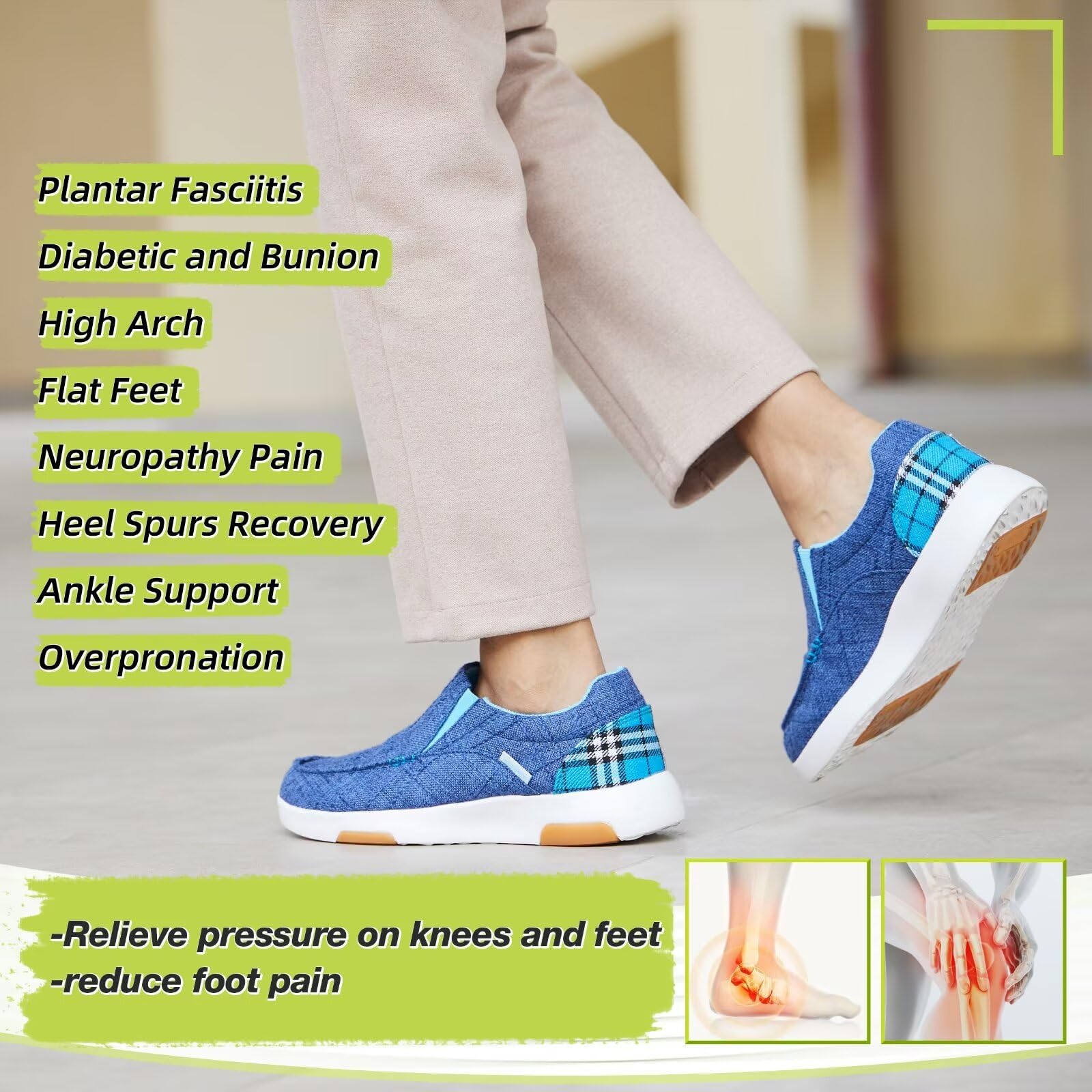 OrthoComfoot blue arch-support insole aligns the foot.