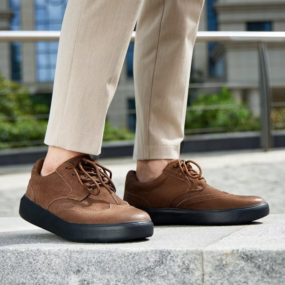 OrthoComfoot brown dress shoes ready for daily wear and travel.