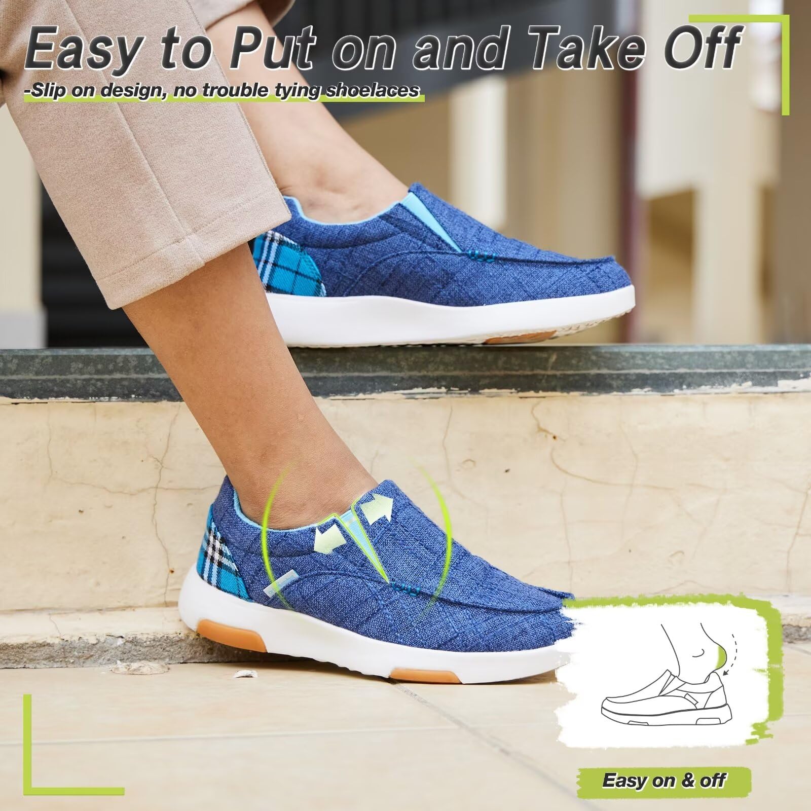 OrthoComfoot blue elastic-lace upper for easy on/off.
