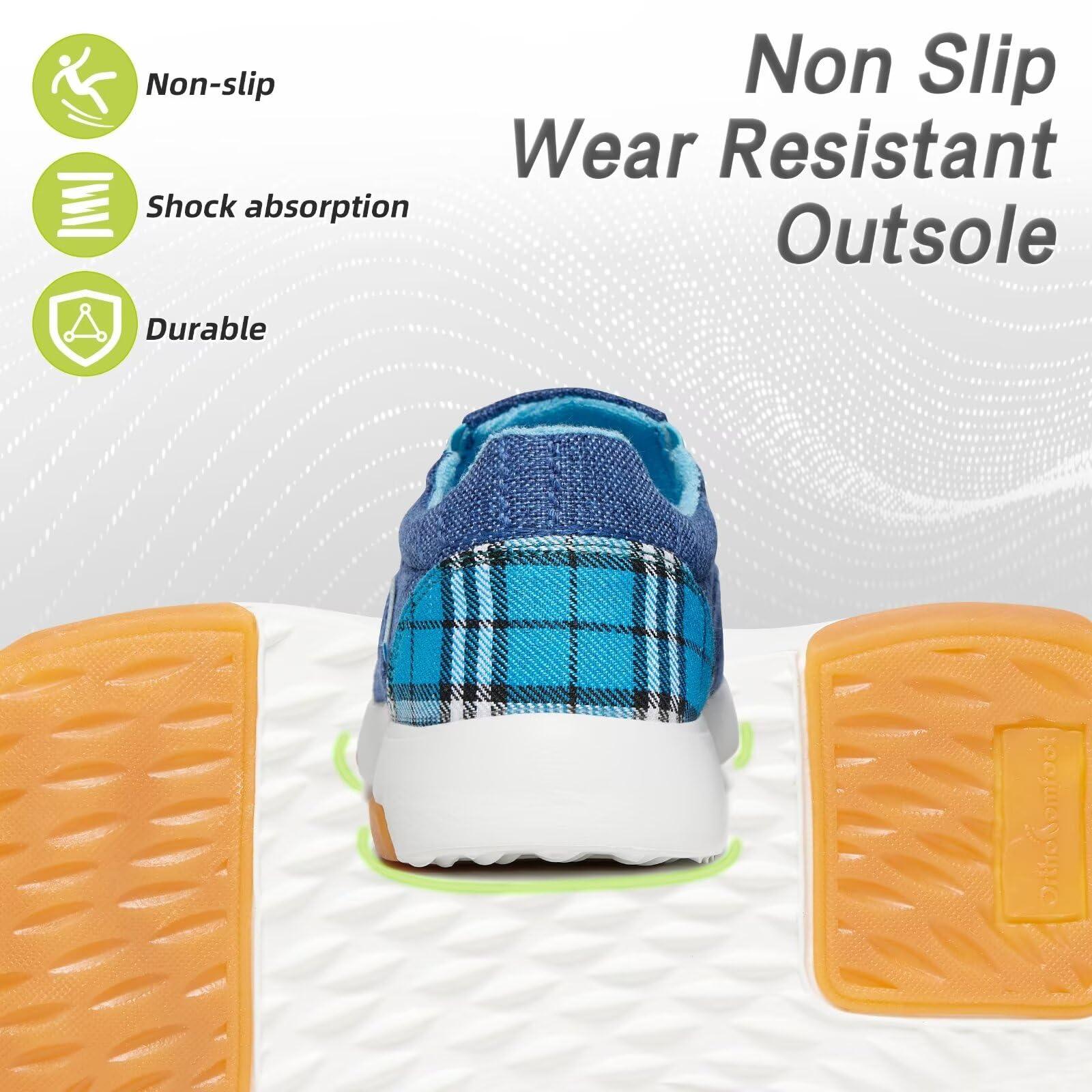 OrthoComfoot blue EVA/rubber outsole provides stable traction.