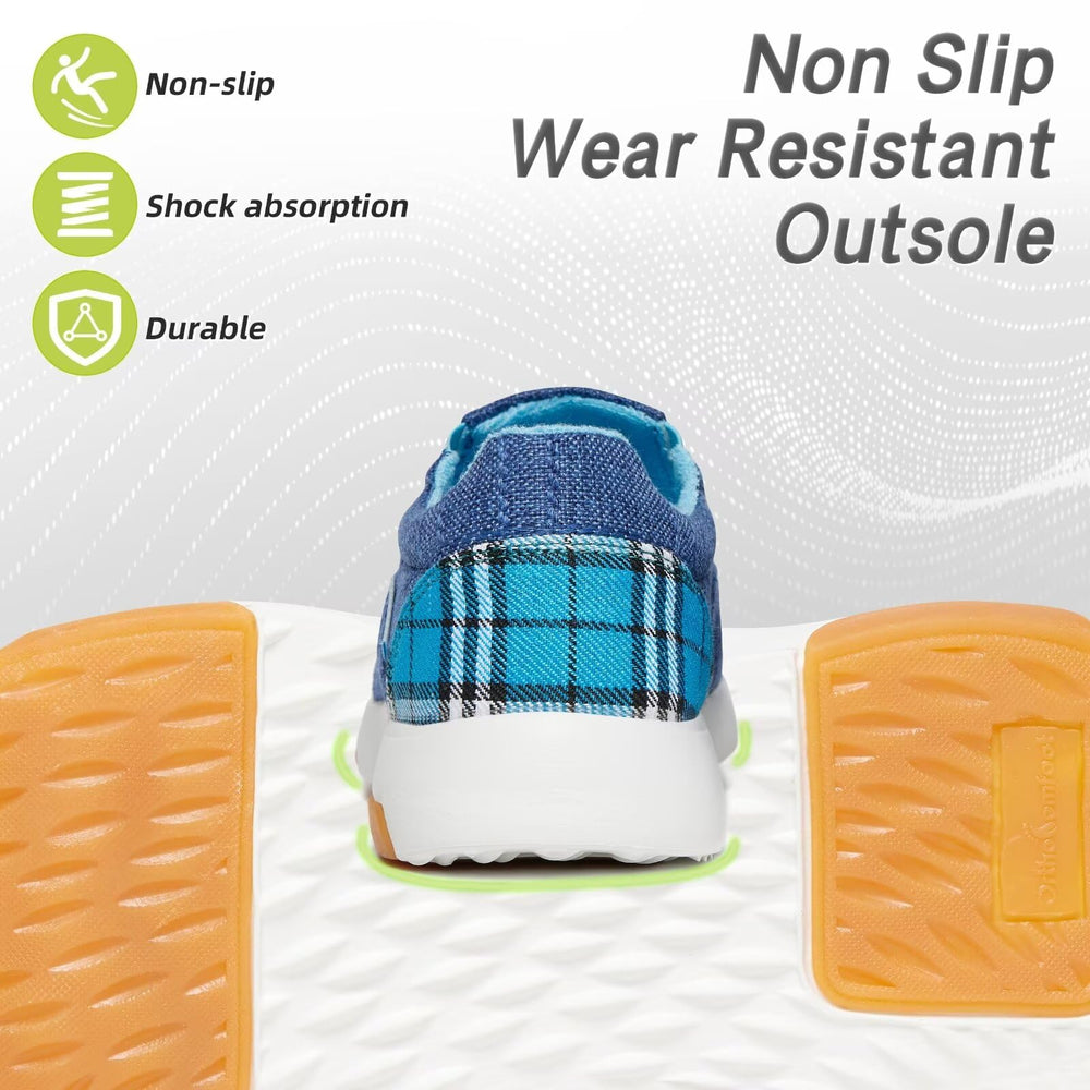 OrthoComfoot blue EVA/rubber outsole provides stable traction.