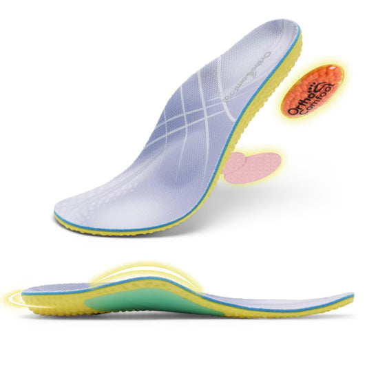 OrthoComfoot flat feet insoles with mid-arch support for stabilized posture.