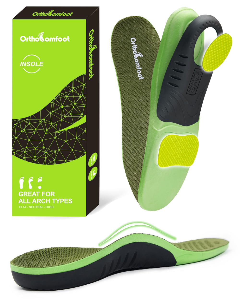 OrthoComfoot packaging for high arch support insoles showing firm arch support promise