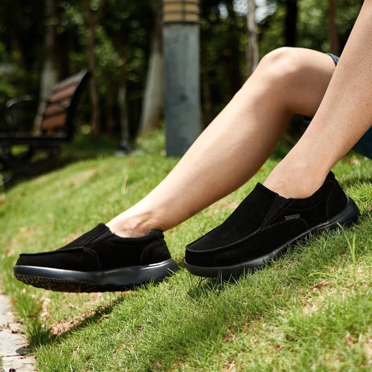 OrthoComfoot leather upper loafers in black offer polished style and durability.