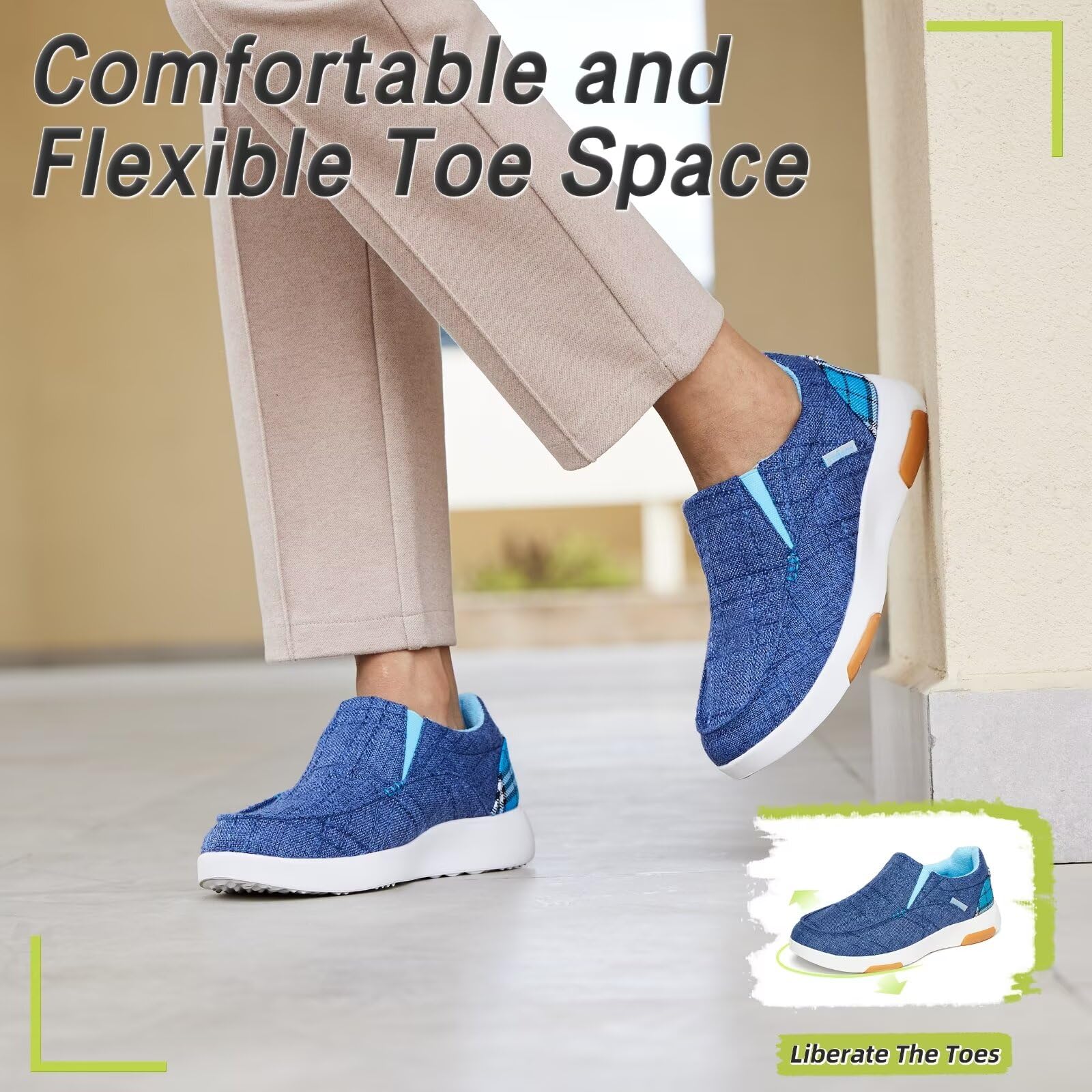 OrthoComfoot blue lightweight slip-on loafers for daily wear.