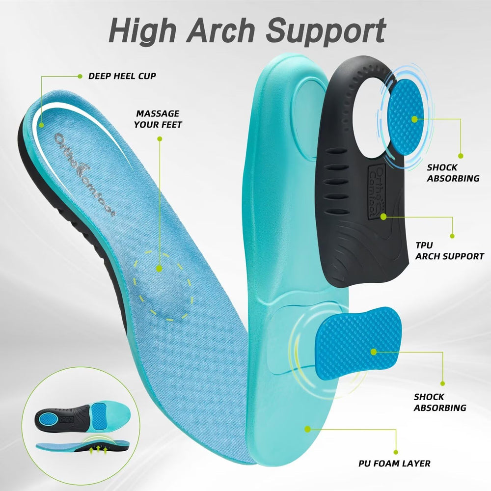 OrthoComfoot blue massage-gel insole cushions with every step.
